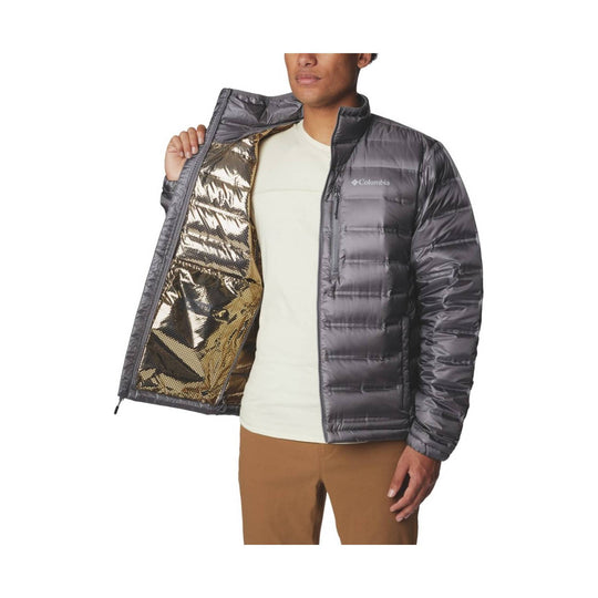 Gray puffer jacket with front zipper, chest logo, and metallic gold interior lining