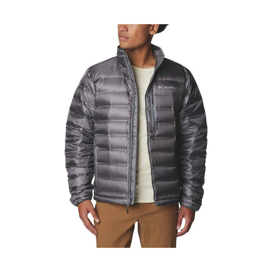 Shiny gray quilted puffer jacket with full-zip front and Columbia logo on chest