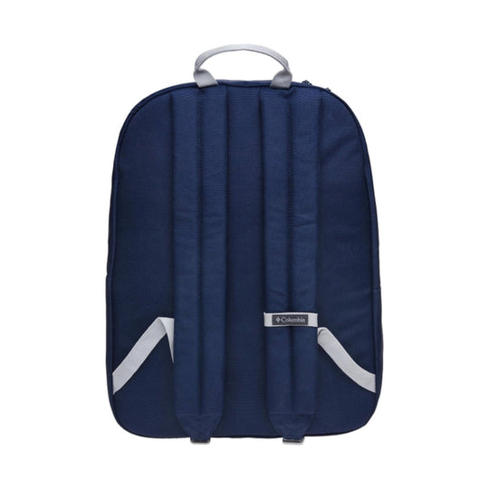 Navy padded backpack with gray top handle and shoulder straps