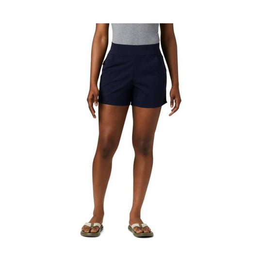Navy women’s athletic shorts with a wide waistband and side pockets
