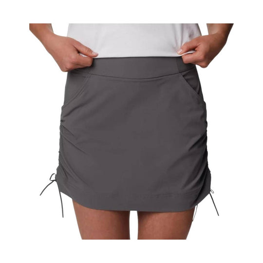 Dark gray athletic skort with a wide waistband and side drawstrings, shown front view