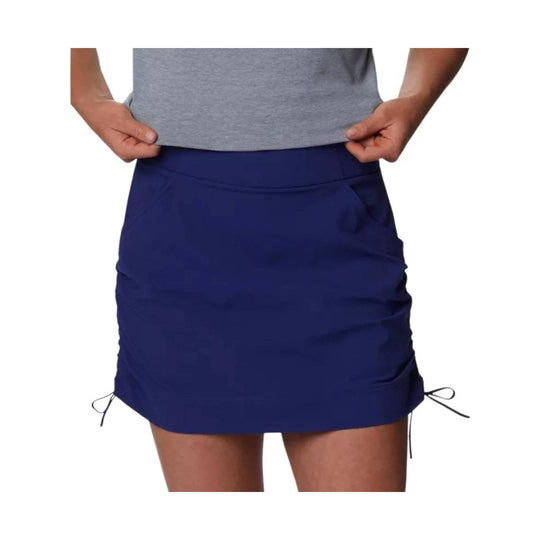 Navy athletic skort with a wide waistband and side drawstrings
