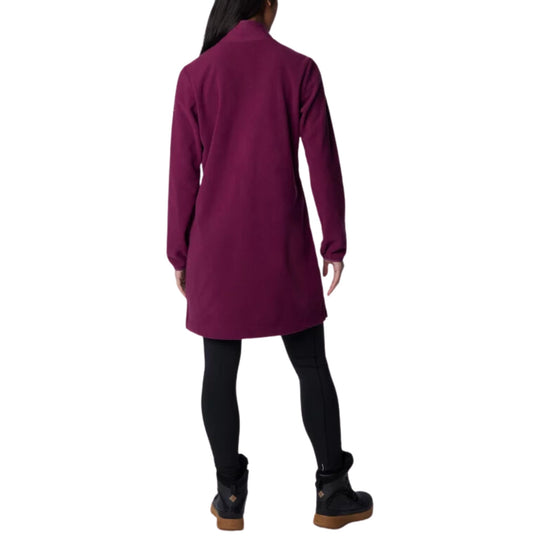 Long-sleeve magenta fleece dress shown from the back