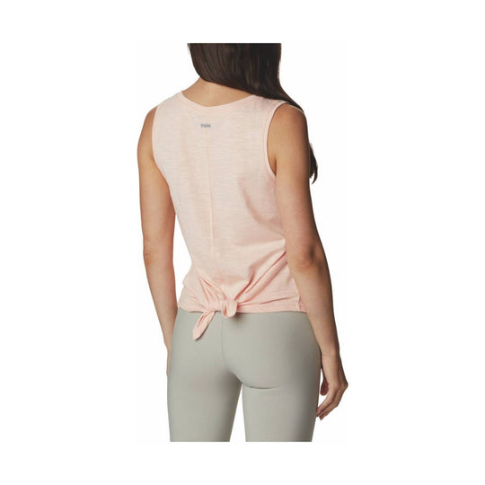 Light pink sleeveless tank top with a tied back over gray leggings, shown from the back