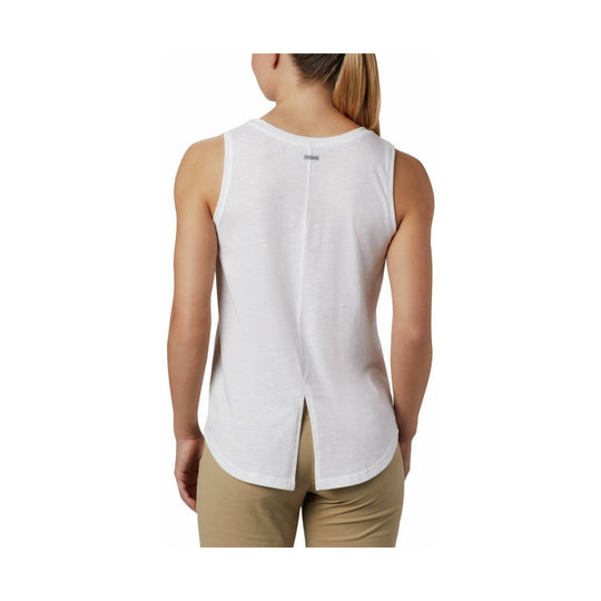 White sleeveless athletic tank top with a scoop back and side slits, shown from the back
