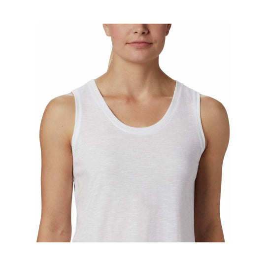 White sleeveless scoop-neck tank top on a model