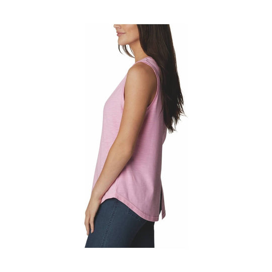 Pink sleeveless tank top with a high-low hem, shown in side view
