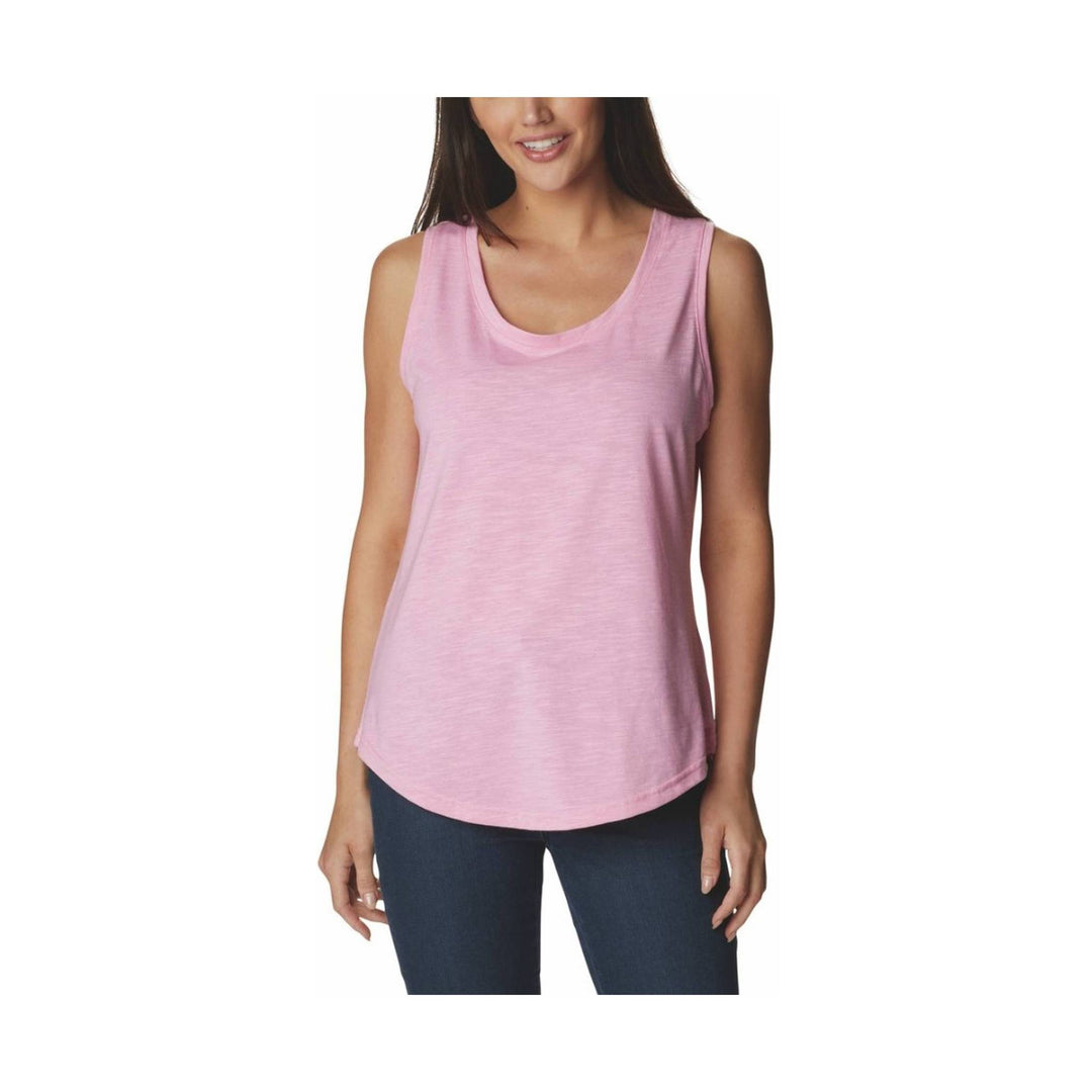 Pink sleeveless scoop-neck tank top on a model