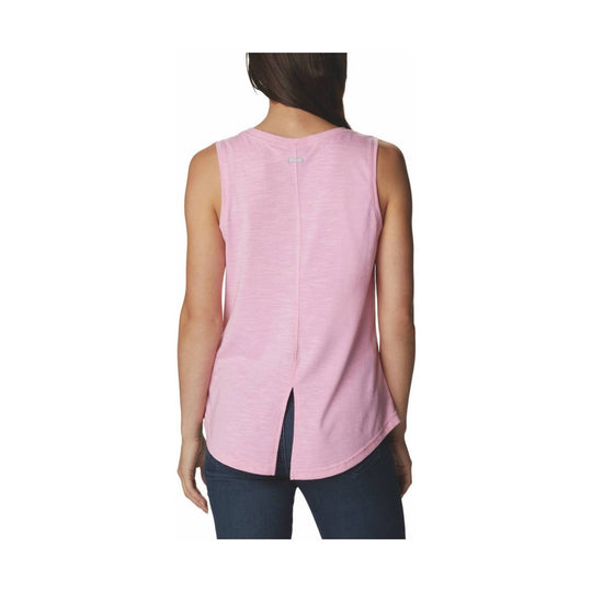 Pink sleeveless tank top with a split back, shown from the back