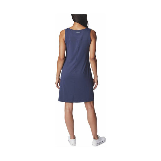 Sleeveless navy dress shown from the back with a straight hem and racerback-style shoulders