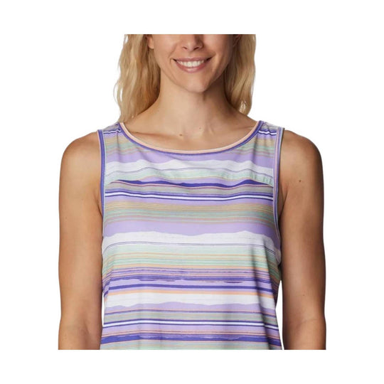Sleeveless striped tank top in lavender, white, and pastel tones