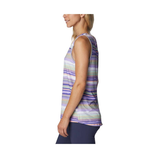 Striped sleeveless tank top in pastel purple, blue, and green, shown in side view
