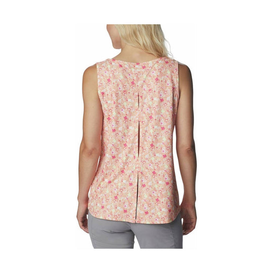 Sleeveless peach floral tank top shown from the back with a center back slit