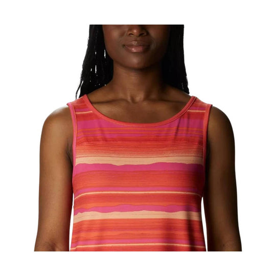 Pink and orange striped tank top with scoop neck and sleeveless cut