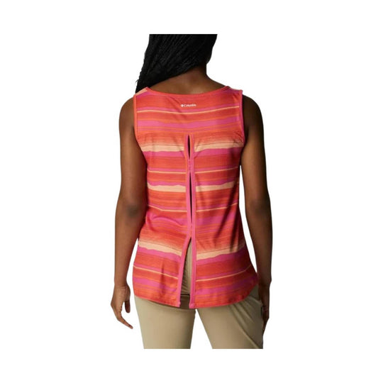 Pink and coral striped sleeveless tank top shown from the back with a center slit opening