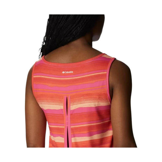 Sleeveless striped tank top in coral, pink, and cream with a small Columbia logo on the upper back