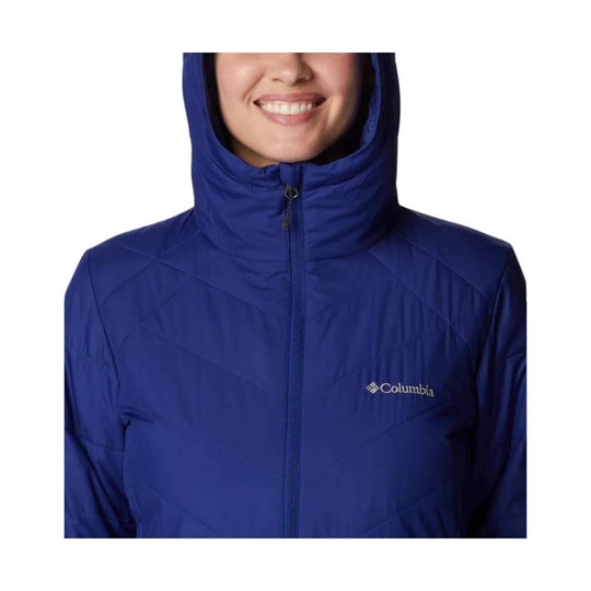 Blue hooded zip-up puffer jacket with Columbia logo on the chest