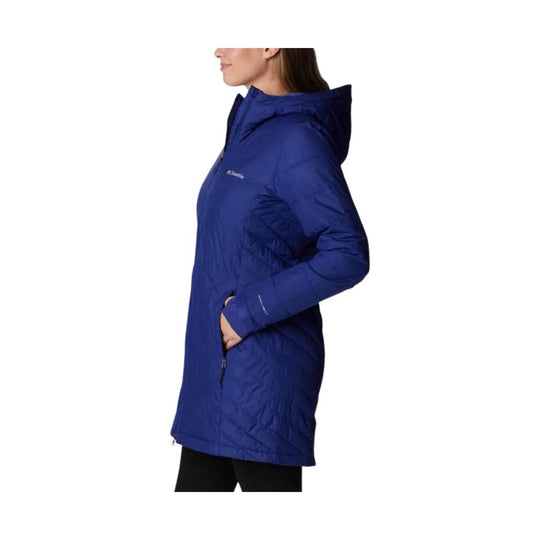 Blue hooded puffer jacket shown in side view with zippered pockets and a longer length.