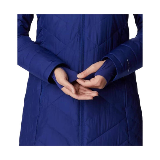 Blue quilted long hooded jacket with front zipper and thumbhole cuffs