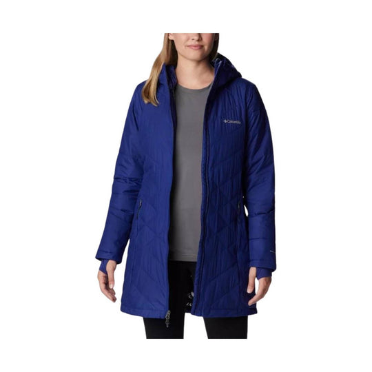 Long blue hooded quilted jacket with front zipper and hand pockets