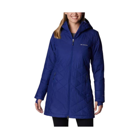 Women's long blue hooded puffer jacket with front zipper, chest logo, and zippered pockets