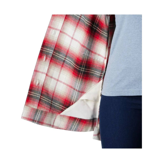 Red, white, and gray plaid flannel shirt with a triangular white lining detail