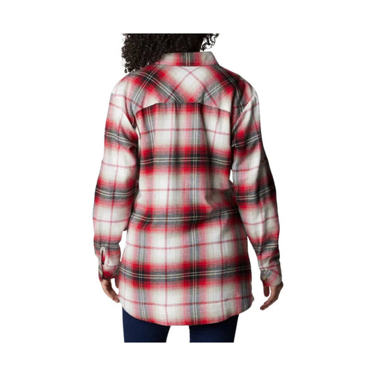Back view of a red, white, and gray plaid flannel button-up shirt on a model
