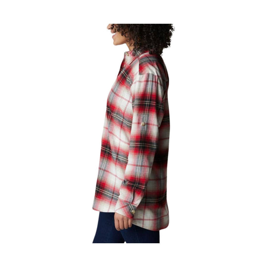 Red, white, and gray plaid long-sleeve flannel shirt shown in side view