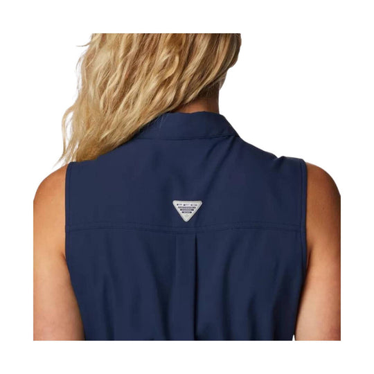 Navy sleeveless dress with a collared back and small triangular logo patch