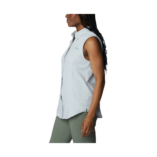 Light gray sleeveless button-up hiking shirt shown in side view