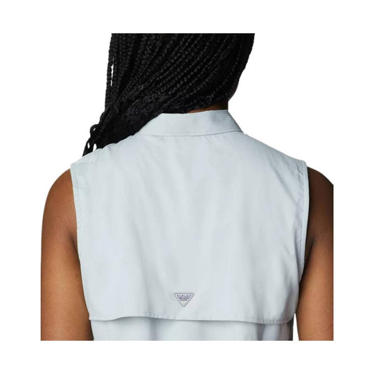 Light gray sleeveless collared shirt shown from the back, with a vented cape-style panel and small logo at center back.