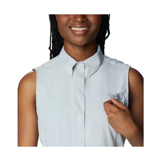 Light gray sleeveless button-up shirt with pointed collar and small chest logo patch
