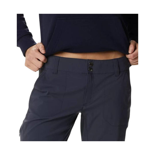 Navy hiking pants with a button waist, belt loops, and zippered cargo pocket