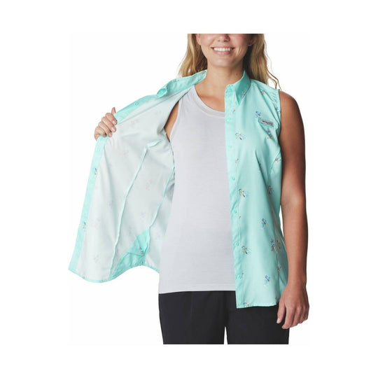 Mint sleeveless button-up shirt with small floral print, shown open over a white tank top