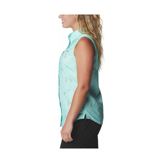 Light aqua sleeveless button-up top with small floral print, shown in side profile.