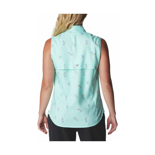 Sleeveless mint-green collared button-up shirt with small floral print, shown from the back