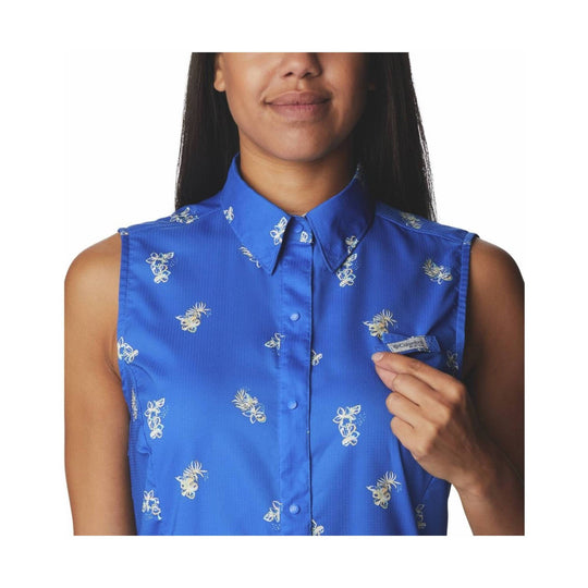 Blue sleeveless button-up shirt with white floral print and Columbia chest logo