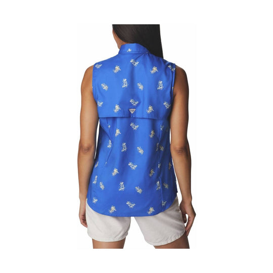Blue sleeveless button-up top with white floral print, shown from the back