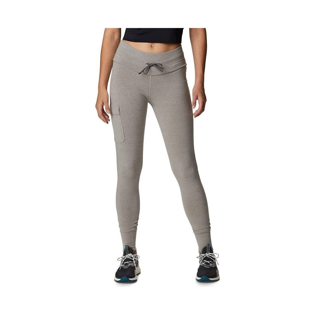 Gray high-rise women's leggings with a drawstring waistband, side cargo pocket, and tapered ankles