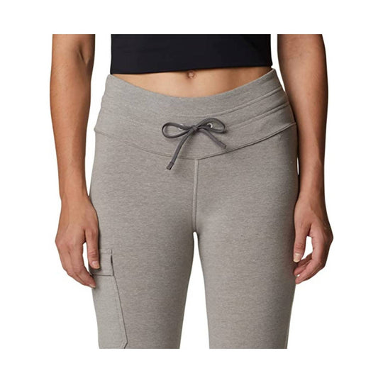 Gray high-waisted leggings with a drawstring waist and side pocket