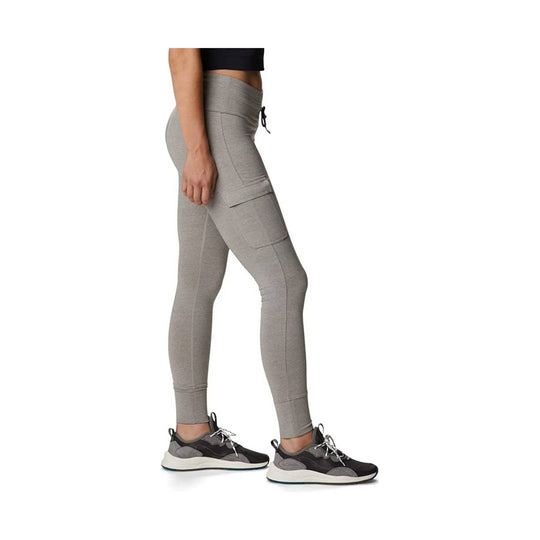 Gray heathered ankle-length leggings with cargo pockets, shown in side view on a model
