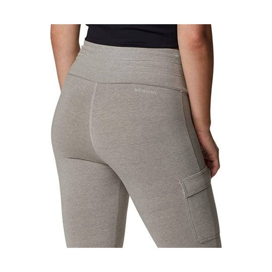 Gray heathered women's leggings with side cargo pocket and small Columbia logo