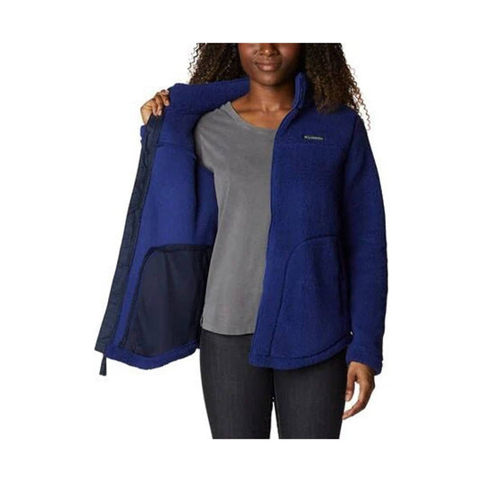 Blue fleece jacket worn open over a gray T-shirt, with zip front and chest pocket