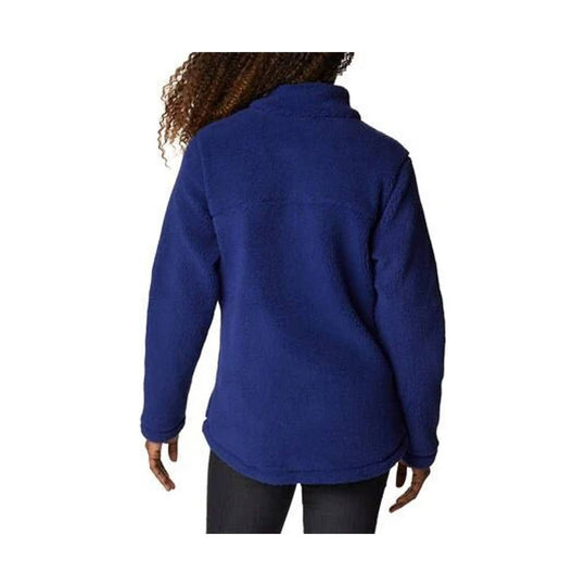 Blue full-zip fleece jacket shown from the back