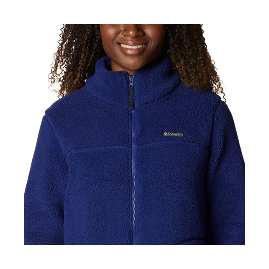 Navy blue full-zip fleece jacket with stand collar and Columbia logo chest patch