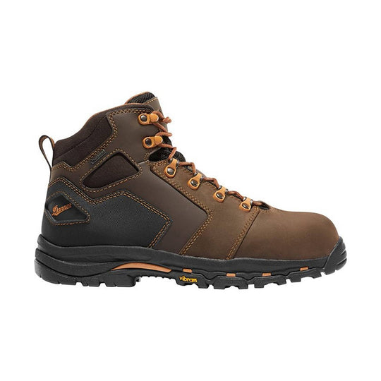 Brown and black lace-up work boot with orange eyelets and lugged Vibram sole
