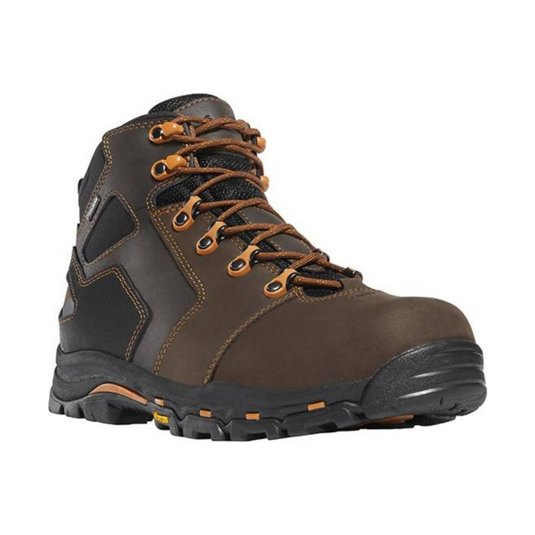 Brown and black lace-up work boot with orange eyelets and a thick treaded sole