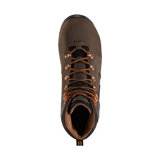 Brown and black lace-up work boot viewed from above