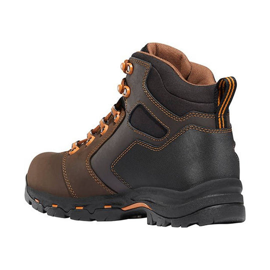 Brown and black lace-up work boot with orange stitching and rugged tread sole