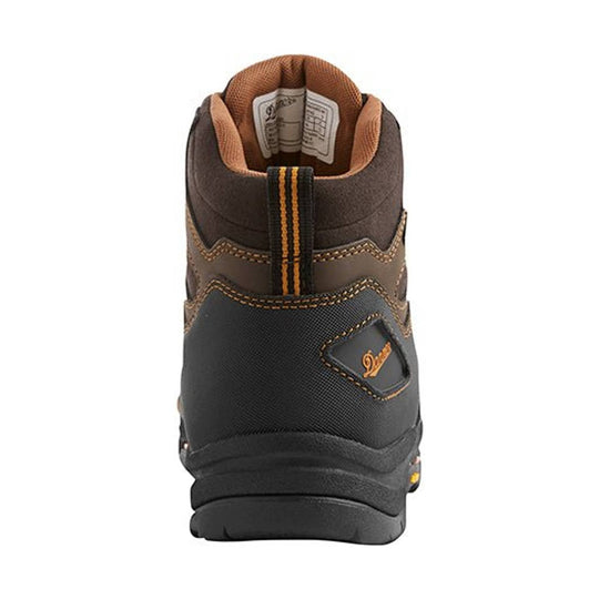 Brown and black work boot seen from the back, with orange stitching and a striped pull tab